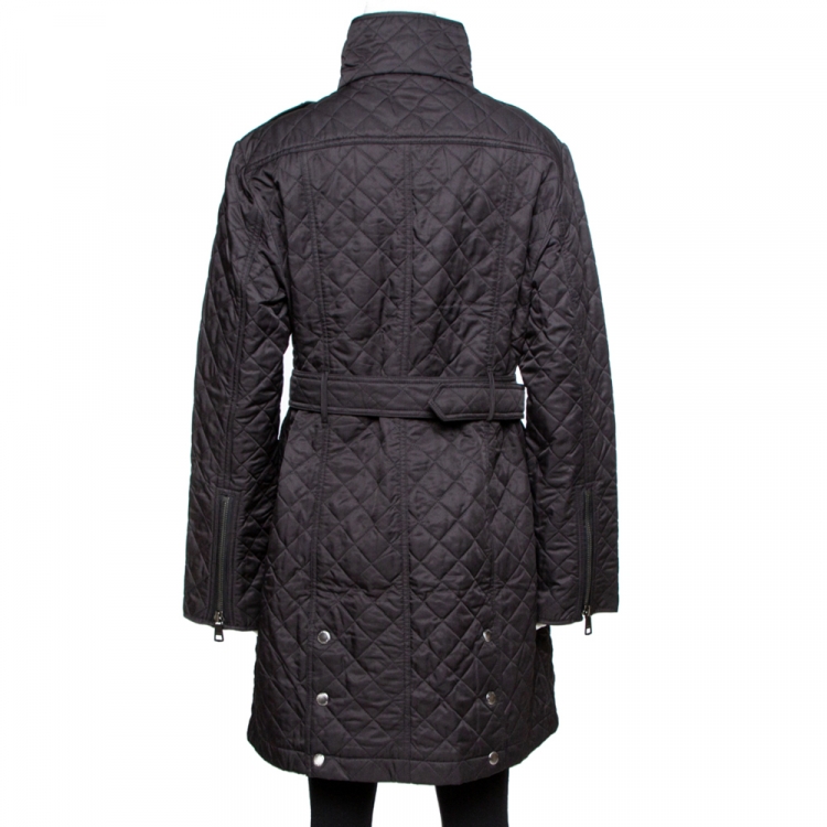 Pre Owned Burberry Black Diamond Quilted Zip Front Belted Long Jacket XL