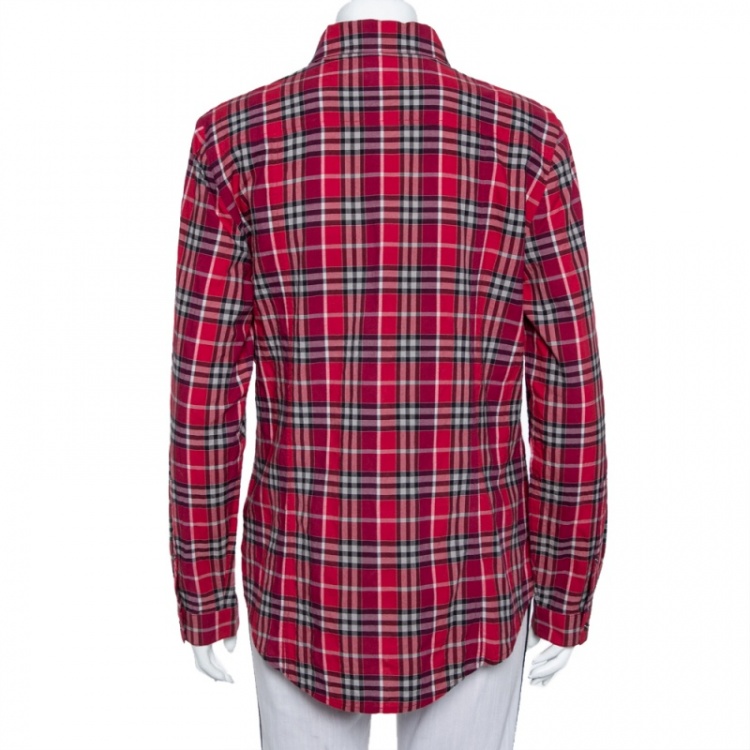 Pre Owned Burberry Brit Red Novacheck Cotton Long Sleeve Button Front Shirt L