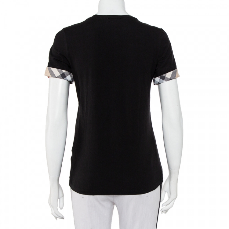 Pre Owned Burberry Brit Black Cotton Check Sleeve Cuff Detail Crewneck T-Shirt M