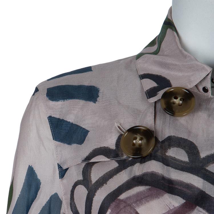 Pre Owned Burberry Prorsum Pink Printed Organza Double Breasted Belted Trench Coat S