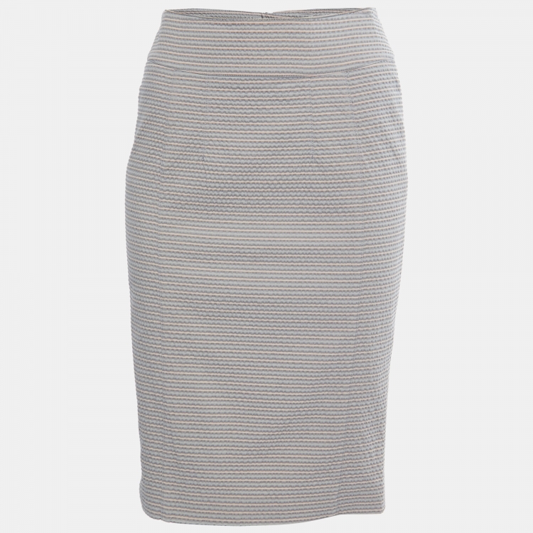Pre Owned Burberry Grey Striped Crinkled-Cotton Pencil Skirt S