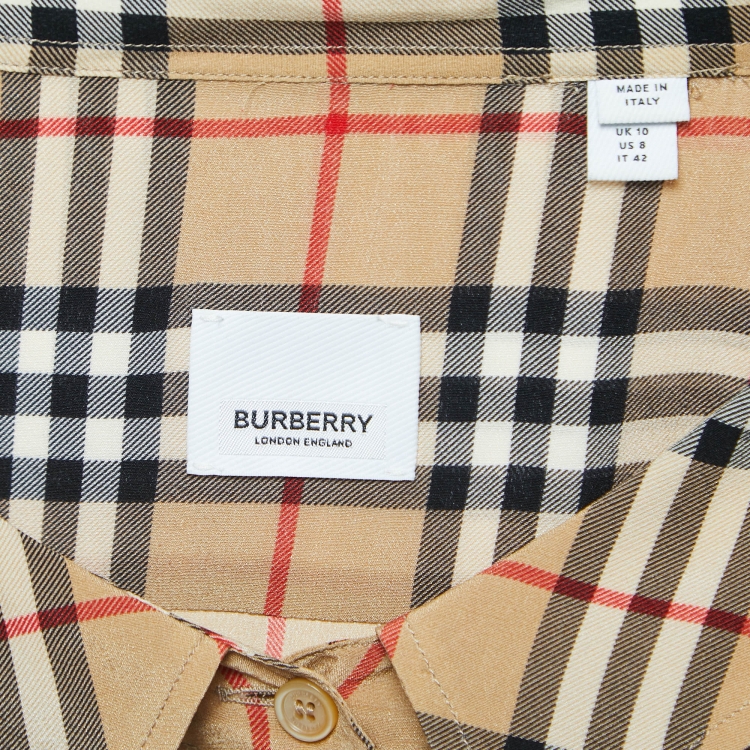 Pre Owned Burberry Beige Vintage Checked Wrap Sleeve Shirt Dress M