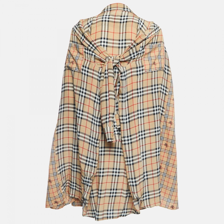 Pre Owned Burberry Beige Vintage Checked Wrap Sleeve Shirt Dress M