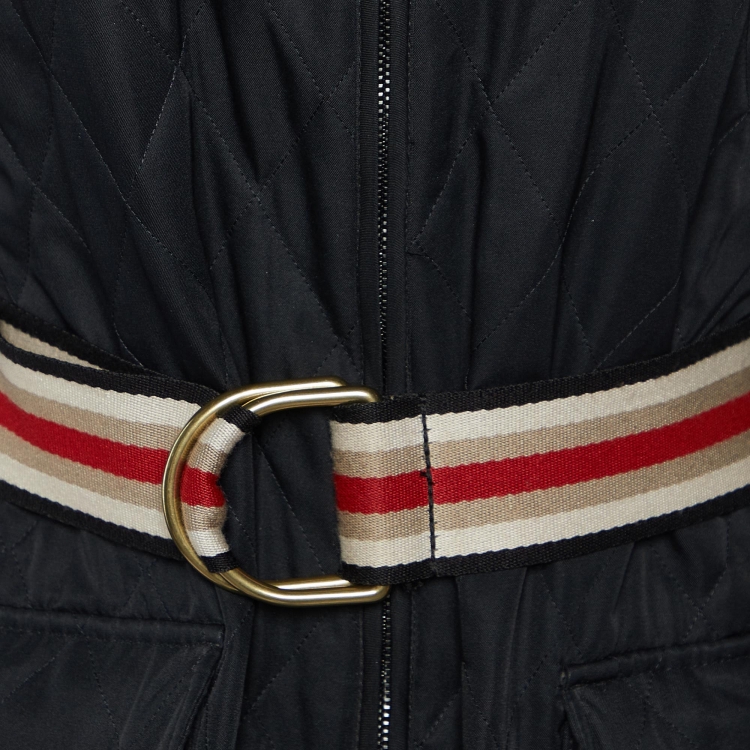 Pre Owned Burberry Black Quilted Zip Up Belted Jacket S
