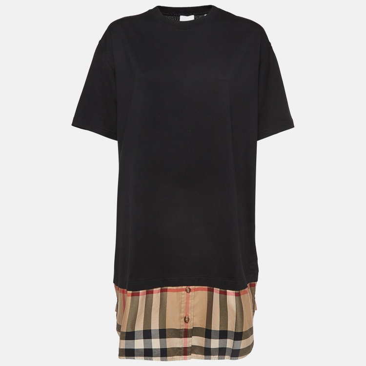 Burberry Black Cotton Knit Tartan Panel Oversized T shirt Dress L Burberry The Luxury Closet