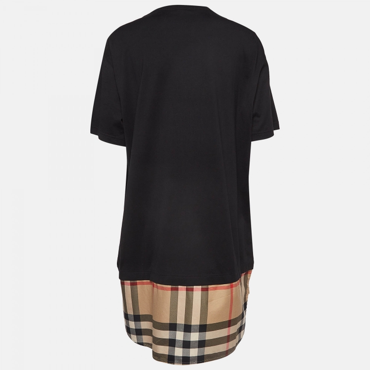 Pre Owned Burberry Black Cotton Knit Tartan Panel Oversized T-shirt Dress L