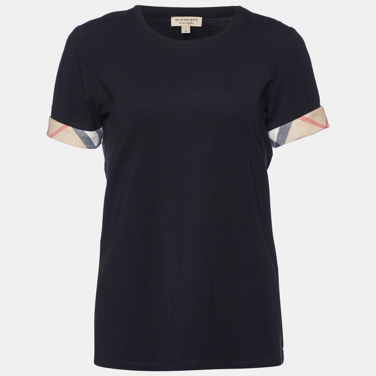 Pre Owned Burberry Black Cotton Check Cuff Crew Neck T-Shirt M