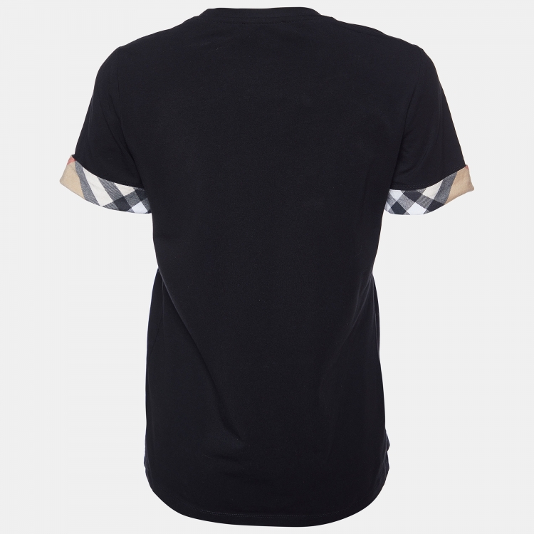Pre Owned Burberry Black Cotton Check Cuff Crew Neck T-Shirt M