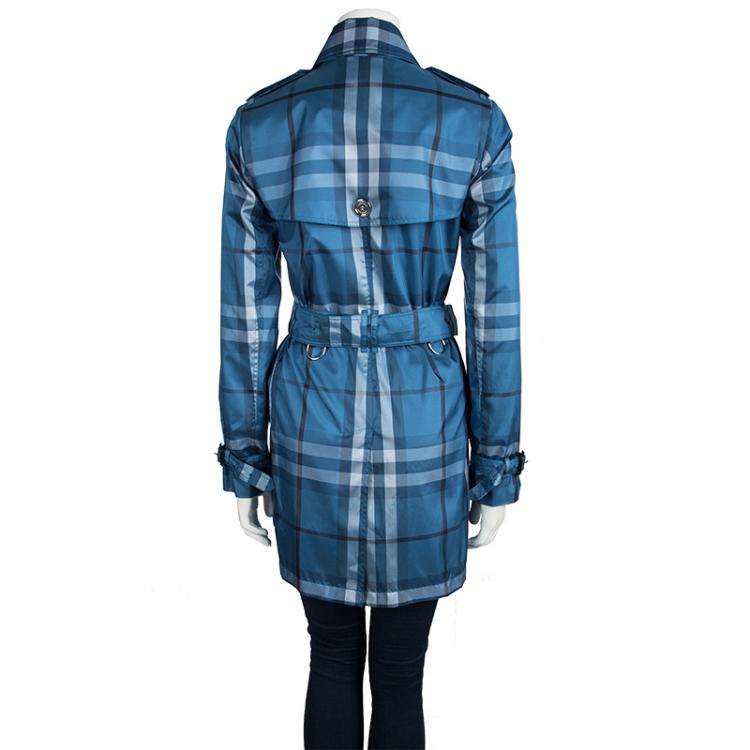 Pre Owned Burberry Brit Blue Checked Double Breasted Belted Trench Coat S