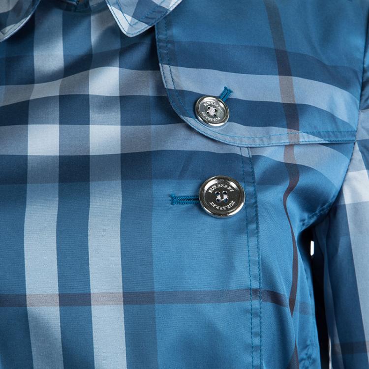Pre Owned Burberry Brit Blue Checked Double Breasted Belted Trench Coat S