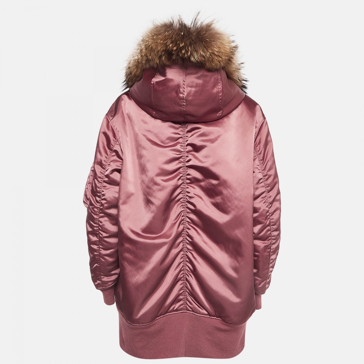 Pre Owned Burberry Burgundy Fur Trimmed Synthetic Hooded Jacket XL