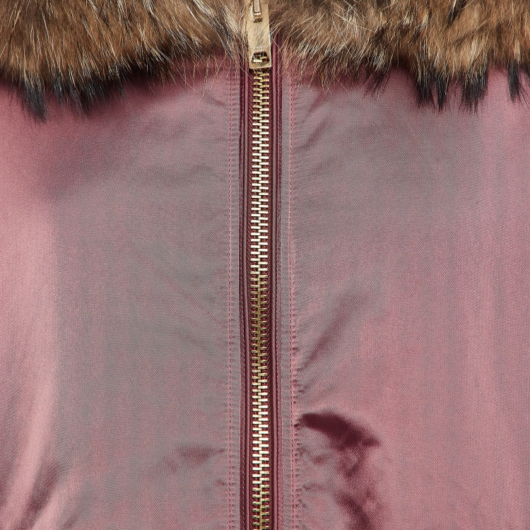 Pre Owned Burberry Burgundy Fur Trimmed Synthetic Hooded Jacket XL