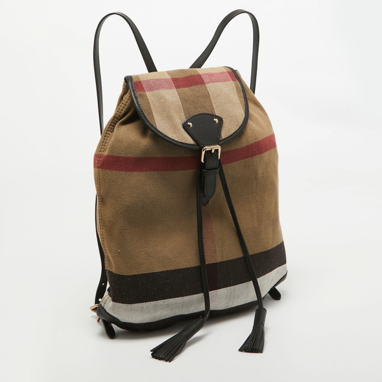 Pre Owned Burberry Black/Beige Mega Check Canvas and Leather Drawstring Flap Backpack