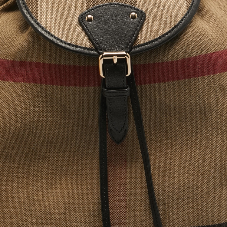 Pre Owned Burberry Black/Beige Mega Check Canvas and Leather Drawstring Flap Backpack