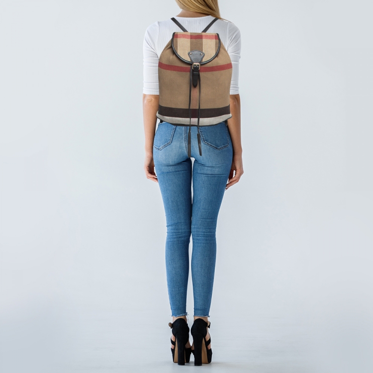 Pre Owned Burberry Black/Beige Mega Check Canvas and Leather Drawstring Flap Backpack