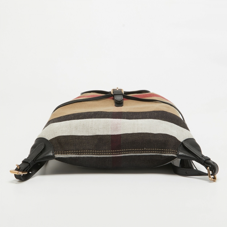 Pre Owned Burberry Black/Beige Mega Check Canvas and Leather Drawstring Flap Backpack