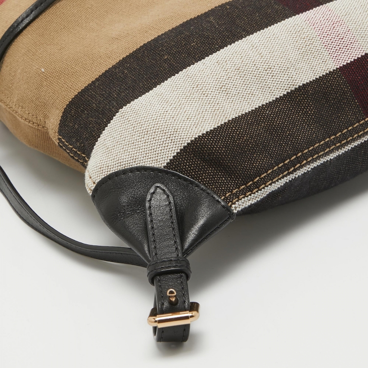 Pre Owned Burberry Black/Beige Mega Check Canvas and Leather Drawstring Flap Backpack