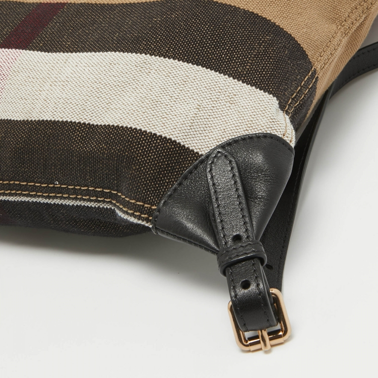 Pre Owned Burberry Black/Beige Mega Check Canvas and Leather Drawstring Flap Backpack