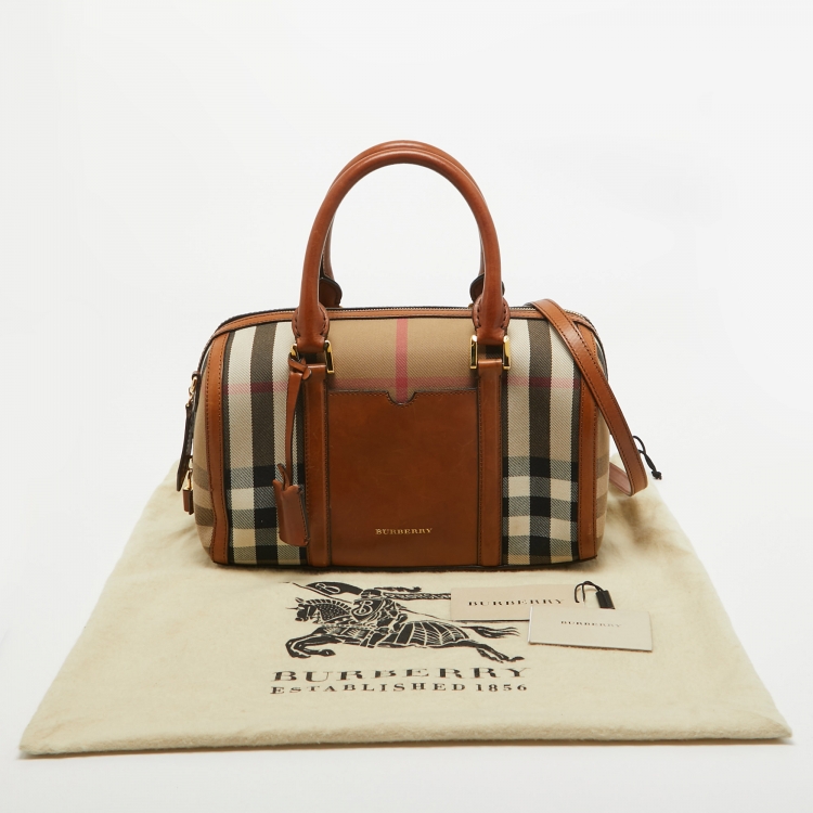 Pre Owned Burberry Brown Ochre House Check Fabric Medium Sactorial Alchester Bowler Bag