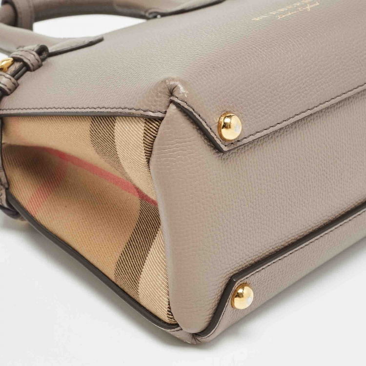 Pre Owned Burberry Beige House Check Fabric and Leather Mini Banner Tote