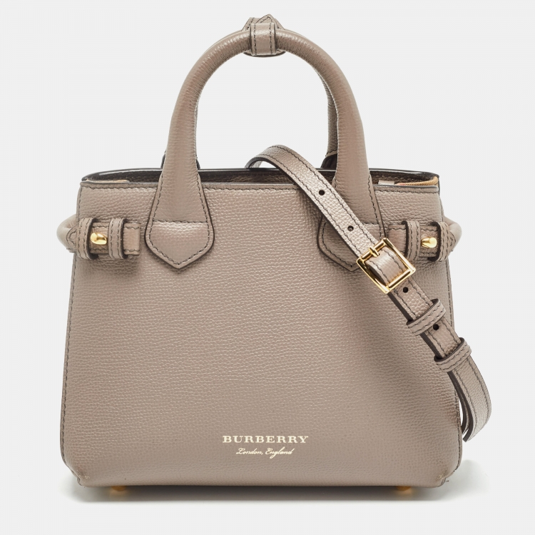 Pre Owned Burberry Beige House Check Fabric and Leather Mini Banner Tote