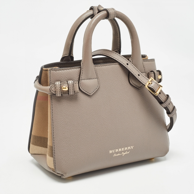 Pre Owned Burberry Beige House Check Fabric and Leather Mini Banner Tote