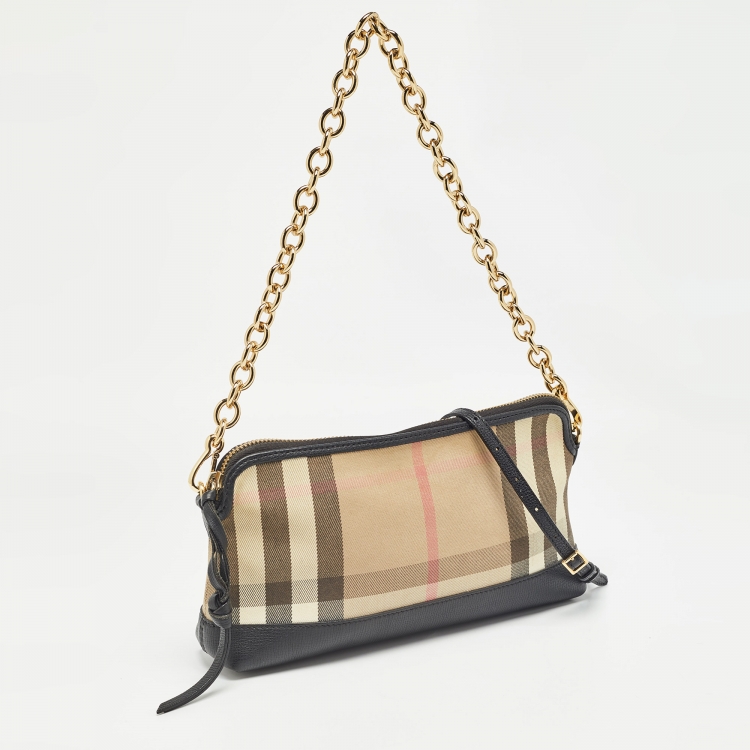 Pre Owned Burberry Black/Beige House Check Canvas and Leather Abbingdon Clutch Bag