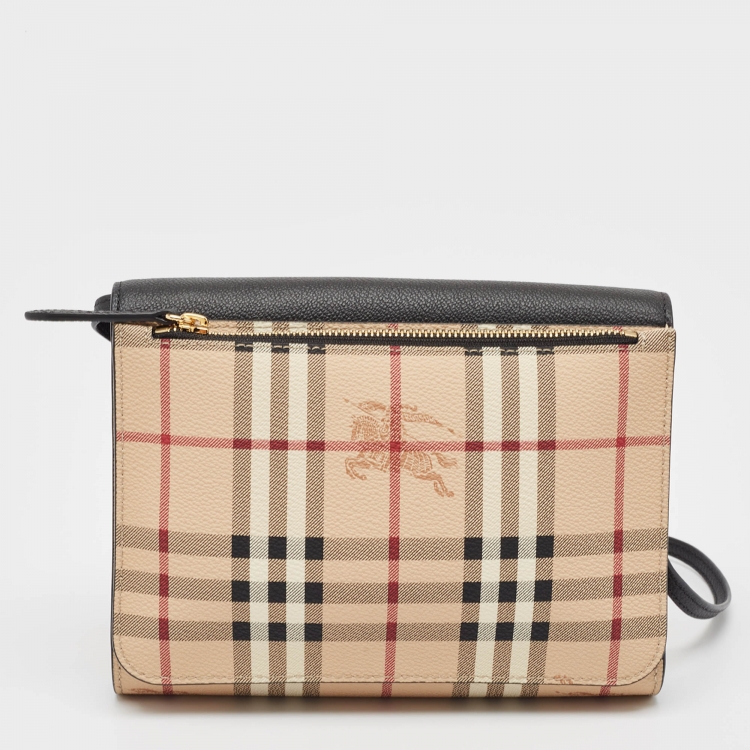 Pre Owned Burberry Black/Beige Haymarket PVC and Leather Loxley Crossbody Bag