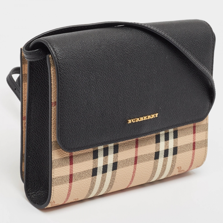 Pre Owned Burberry Black/Beige Haymarket PVC and Leather Loxley Crossbody Bag