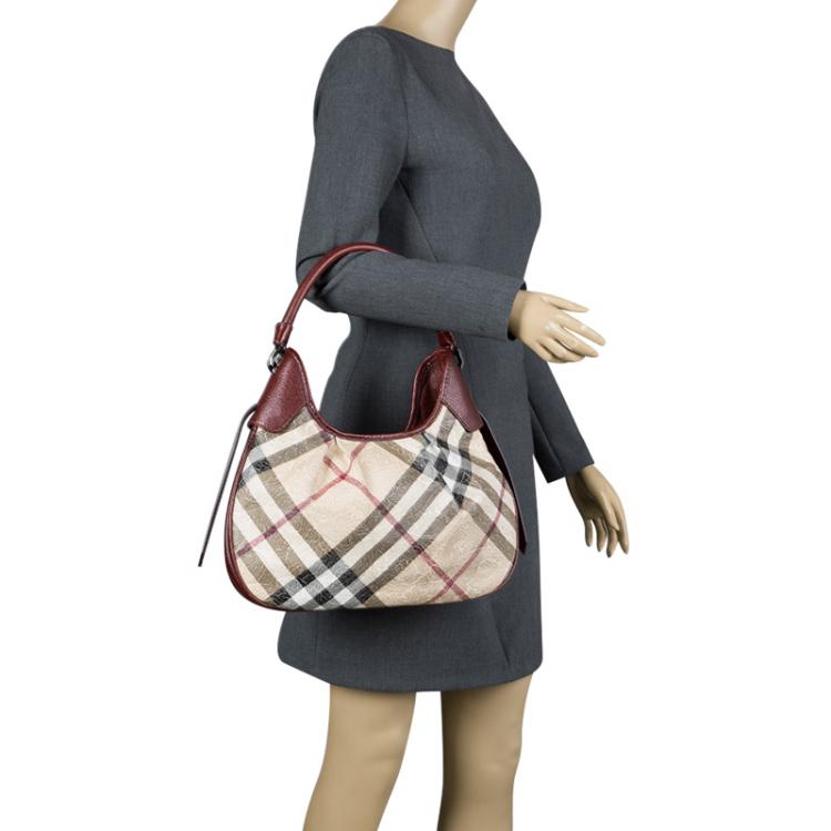 Pre Owned Burberry Burgundy Embossed Nova Check Vinyl Small Brooklyn Hobo