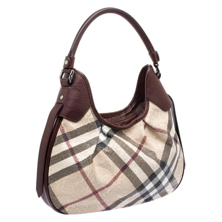 Pre Owned Burberry Burgundy Embossed Nova Check Vinyl Small Brooklyn Hobo