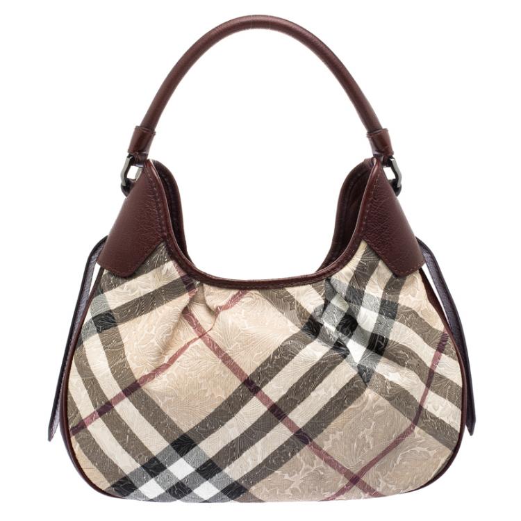 Pre Owned Burberry Burgundy Embossed Nova Check Vinyl Small Brooklyn Hobo