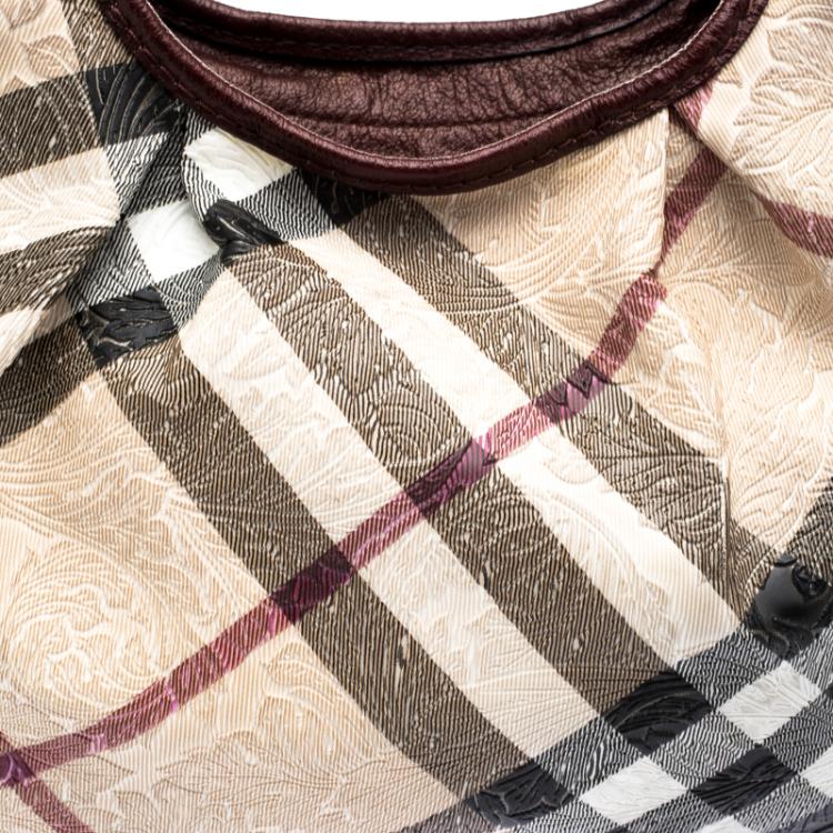 Pre Owned Burberry Burgundy Embossed Nova Check Vinyl Small Brooklyn Hobo