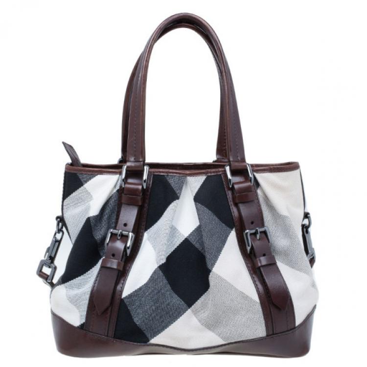 Pre Owned Burberry Mega Check Canvas Lowry Tote
