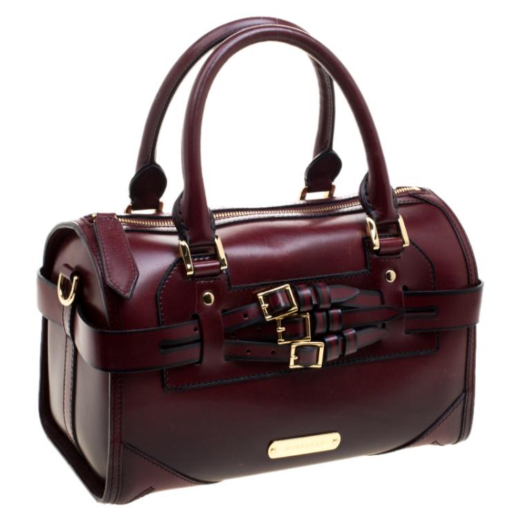 Pre Owned Burberry Burgundy Bridle Leather Belted Bowling Bag