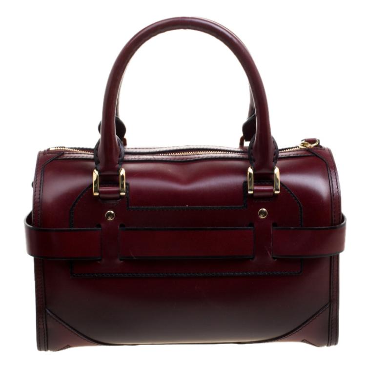 Pre Owned Burberry Burgundy Bridle Leather Belted Bowling Bag