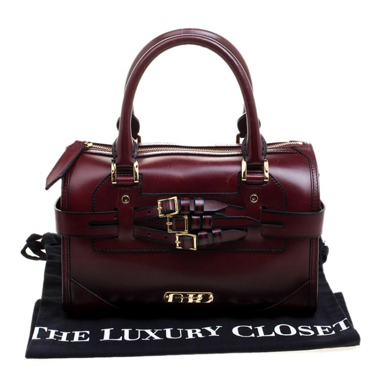 Pre Owned Burberry Burgundy Bridle Leather Belted Bowling Bag