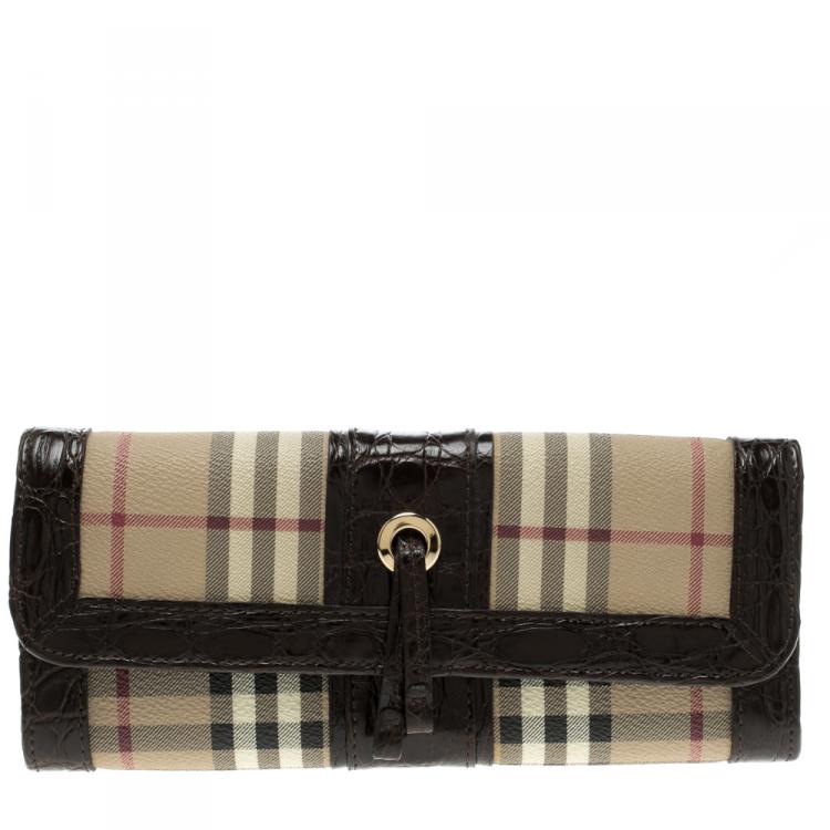 Pre Owned Burberry Beige/Brown Haymarket Coated Canvas and Alligator Trim Clutch