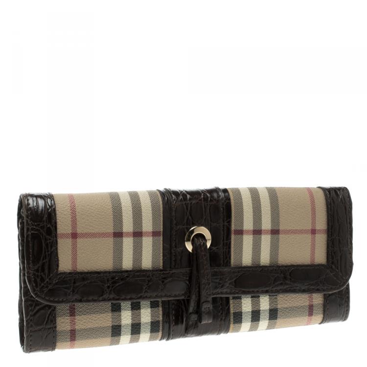 Pre Owned Burberry Beige/Brown Haymarket Coated Canvas and Alligator Trim Clutch