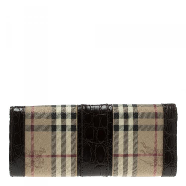 Pre Owned Burberry Beige/Brown Haymarket Coated Canvas and Alligator Trim Clutch