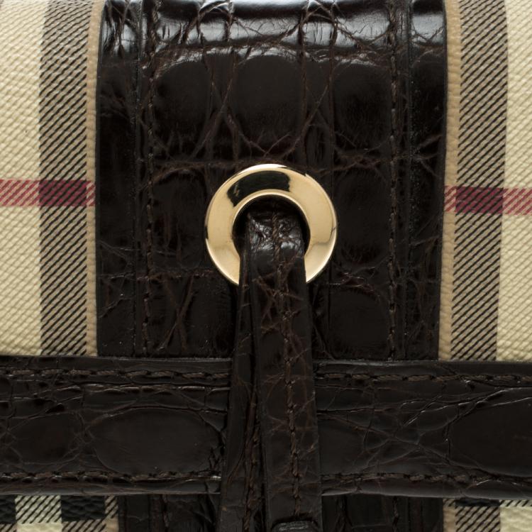Pre Owned Burberry Beige/Brown Haymarket Coated Canvas and Alligator Trim Clutch