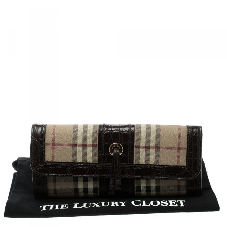 Pre Owned Burberry Beige/Brown Haymarket Coated Canvas and Alligator Trim Clutch