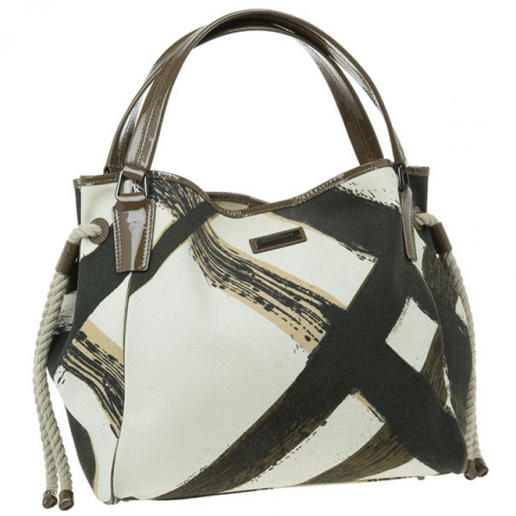 Pre Owned Burberry White Canvas Brushstroke Check Print Shopper