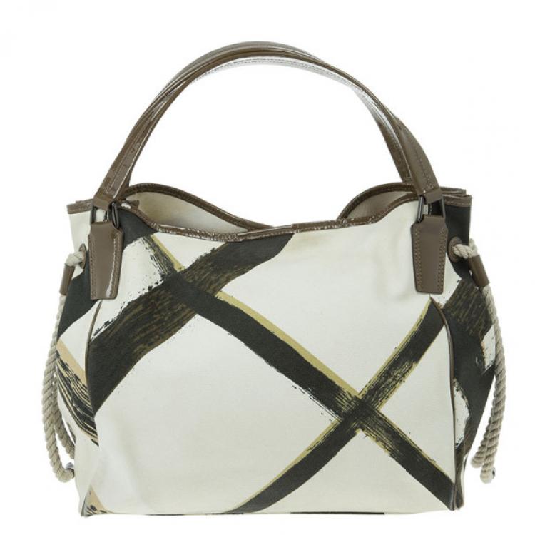 Pre Owned Burberry White Canvas Brushstroke Check Print Shopper