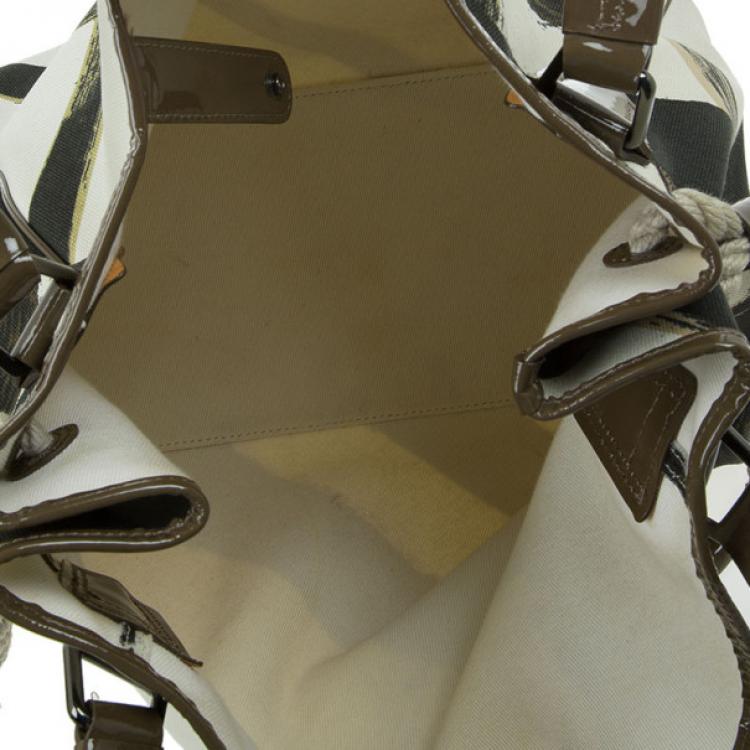 Pre Owned Burberry White Canvas Brushstroke Check Print Shopper