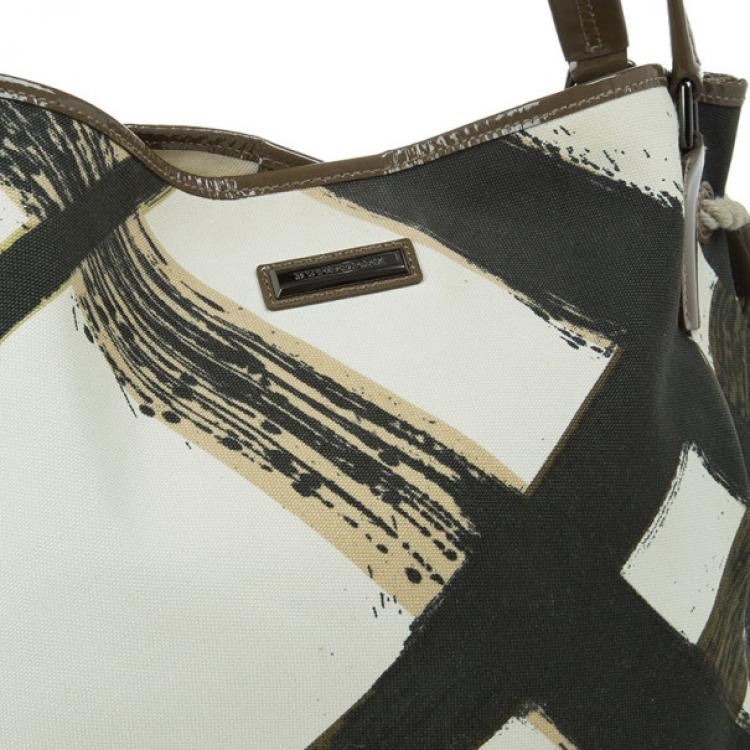 Pre Owned Burberry White Canvas Brushstroke Check Print Shopper