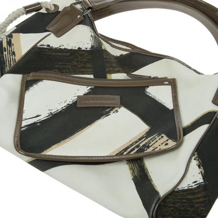 Pre Owned Burberry White Canvas Brushstroke Check Print Shopper