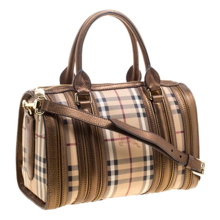 Pre Owned Burberry Bronze Haymarket Canvas and Leather Medium Alchester Bowling Bag