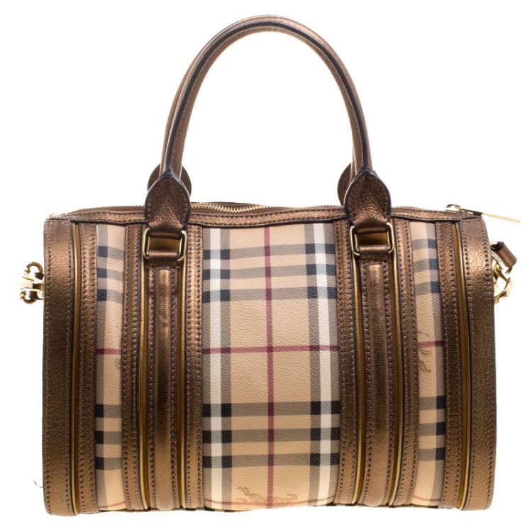 Pre Owned Burberry Bronze Haymarket Canvas and Leather Medium Alchester Bowling Bag