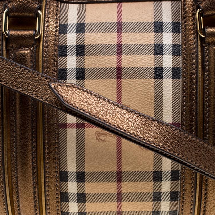 Pre Owned Burberry Bronze Haymarket Canvas and Leather Medium Alchester Bowling Bag